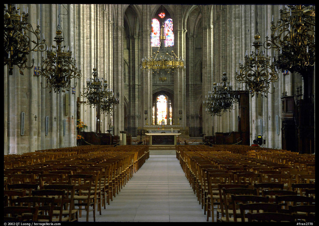 Center aisle inside the Saint-Etienne Cathedral. Bourges, Berry, France