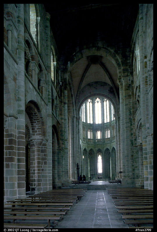 Austere chapel inside the Benedictine abbey. Mont Saint-Michel, Brittany, France