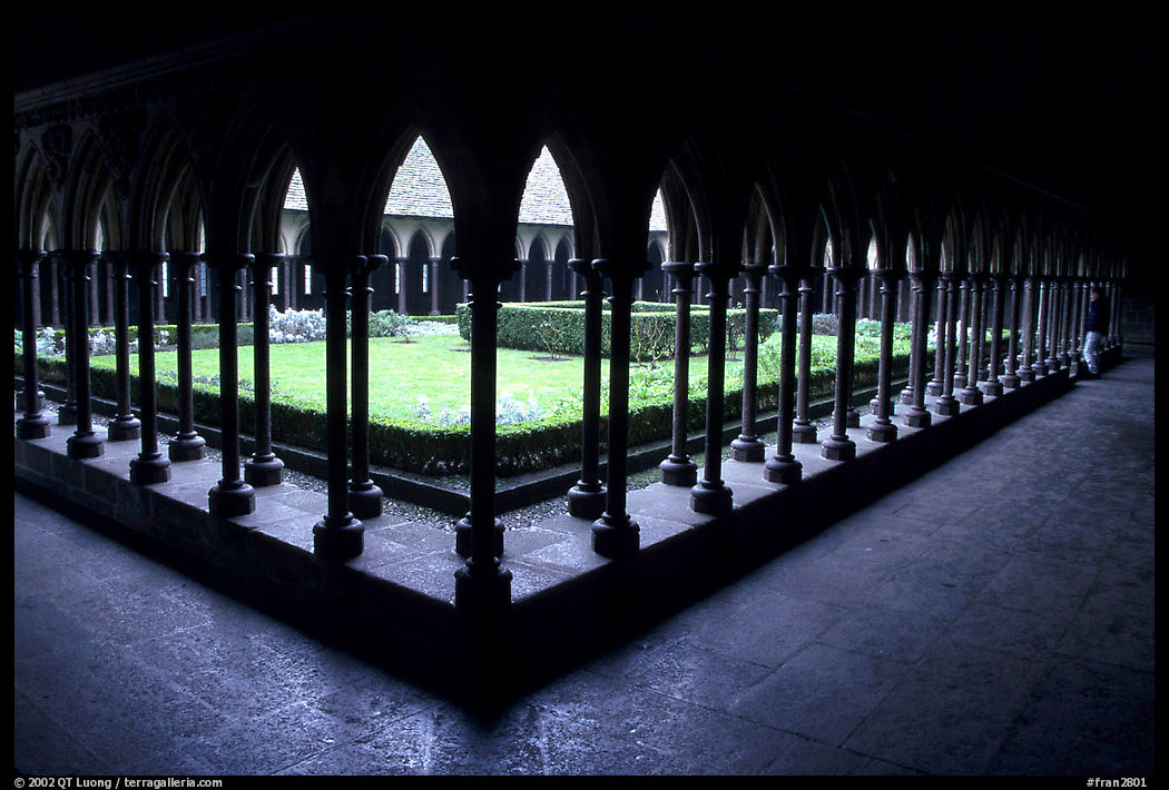 Cloister inside the Benedictine abbey. Mont Saint-Michel, Brittany, France