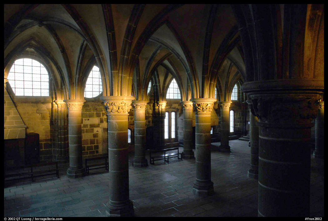 Hall of the knights inside the Benedictine abbey. Mont Saint-Michel, Brittany, France
