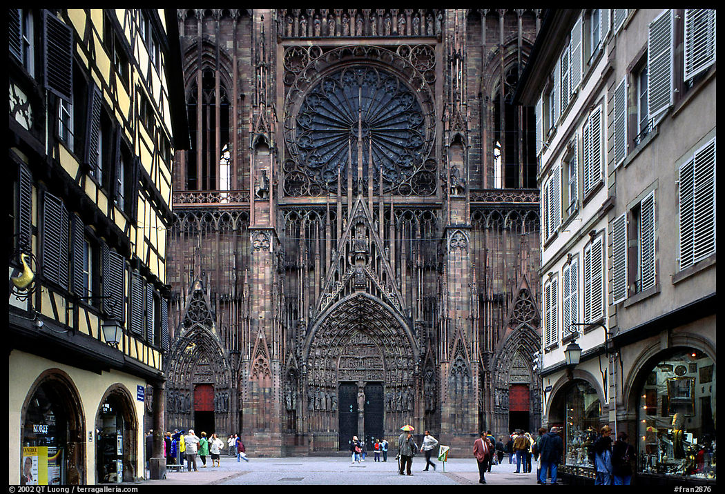 Facade of the Notre Dame cathedral seen from nearby street. Strasbourg, Alsace, France