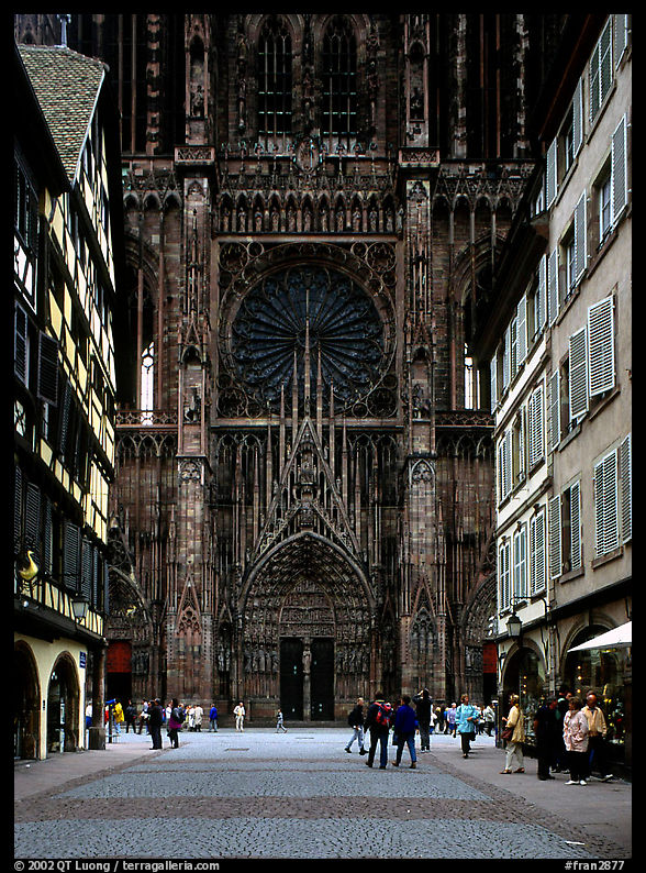 Facade of the Notre Dame cathedral seen from nearby street. Strasbourg, Alsace, France