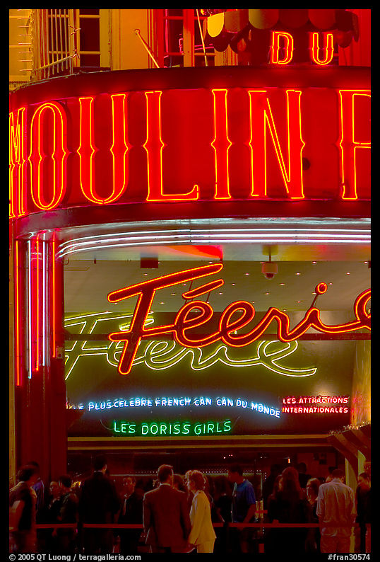 Detail of facade and lights of Moulin Rouge cabaret. Paris, France