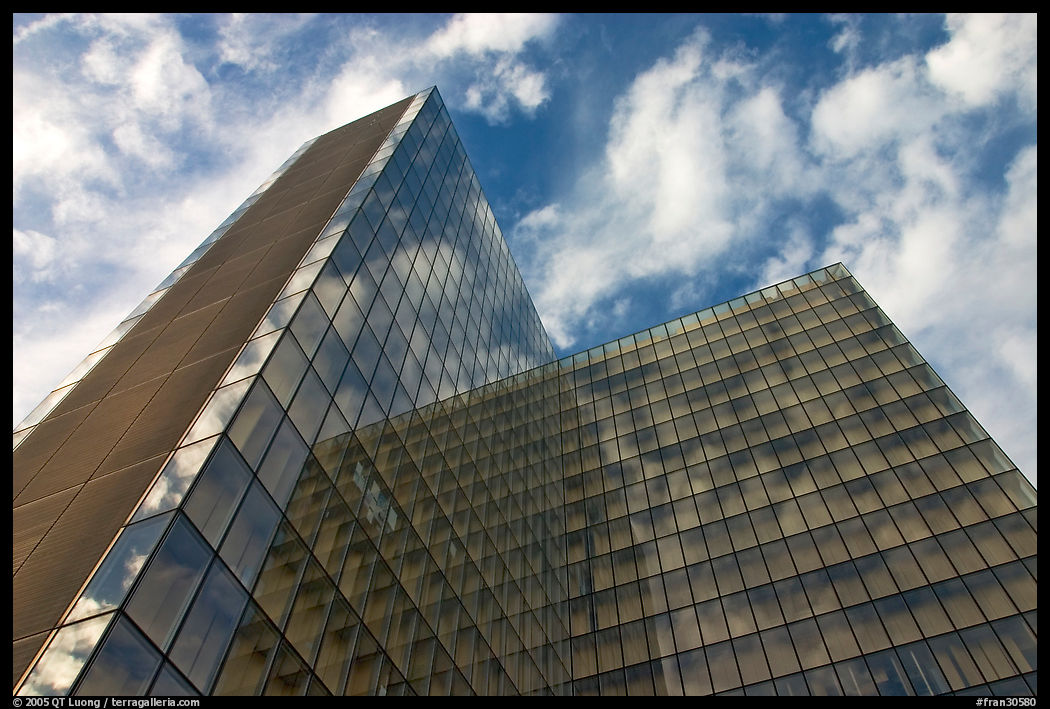 Corner buildings of the Francois Mitterand library, evoking an open book. Paris, France