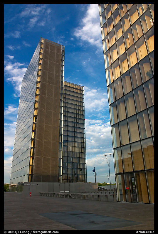 Two corner buildings of the Bibliotheque Francois Mitterand. Paris, France