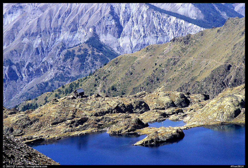 Lake and mountain hut, Mercantour National Park. Maritime Alps, France