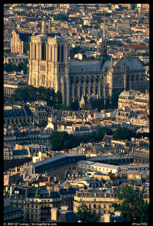 Notre Dame seen from the Montparnasse Tower, late afternoon. Paris, France