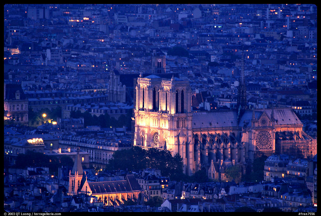 Notre Dame seen from the Montparnasse Tower, dusk. Paris, France