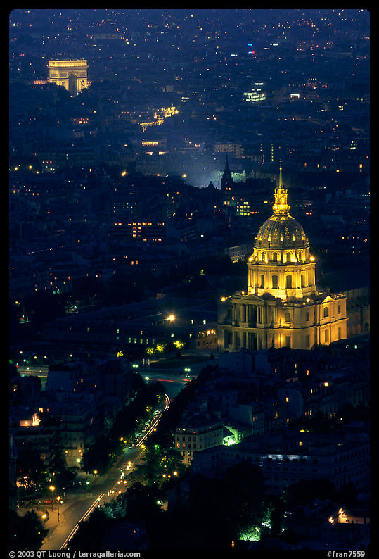 Arc de Triomphe and Invalides seen from the Montparnasse Tower by night. Paris, France
