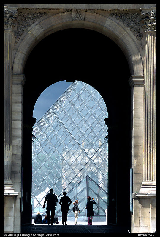 Pyramid seen through one of the Louvre's Gates. Paris, France