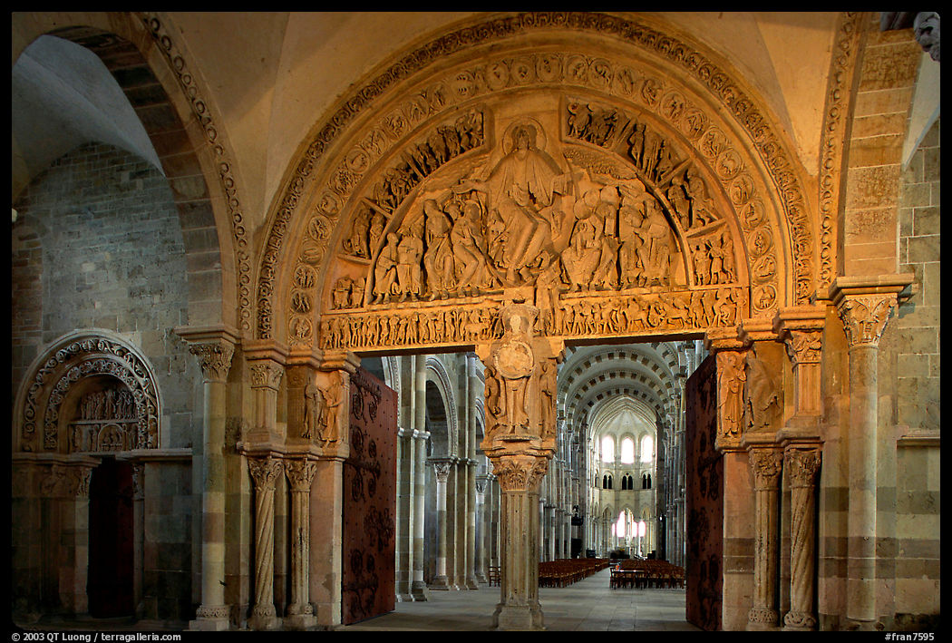 Sculpted doors and typhanum inside the Romanesque church of Vezelay. Burgundy, France