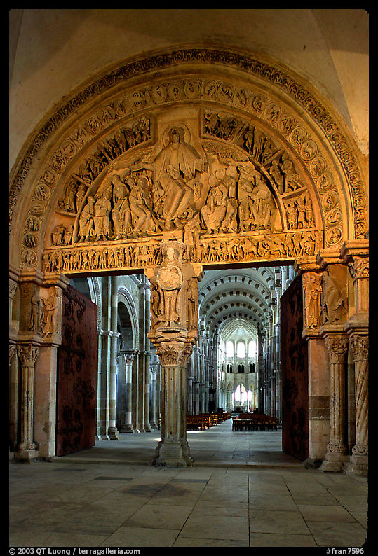 Sculpted Doors and tymphanum inside the Romanesque church of Vezelay. Burgundy, France