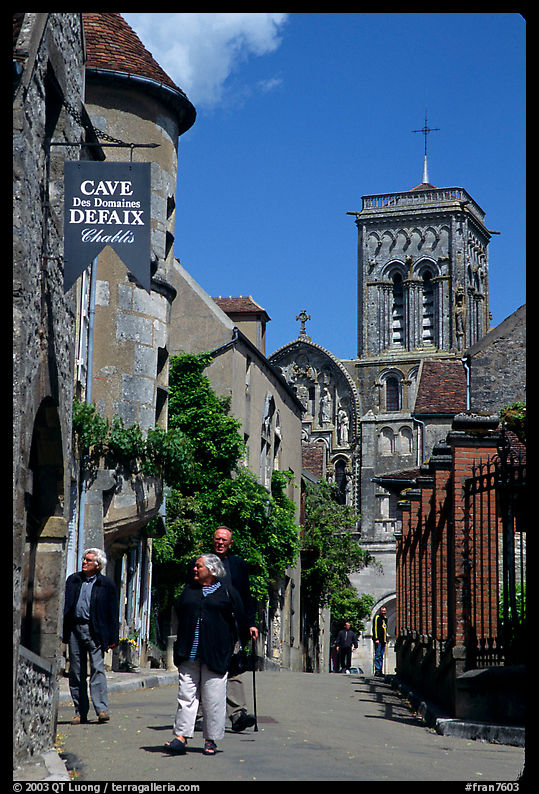 Main street of the Hill of Vezelay with the church in the background. Burgundy, France