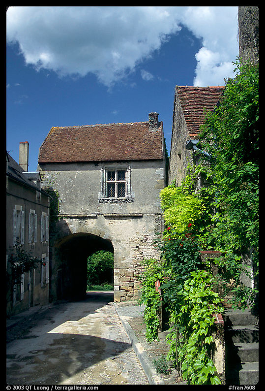 Street and old town gate, Vezelay. Burgundy, France
