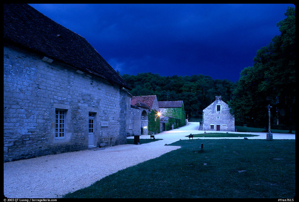 Gardens, approaching evening storm, Fontenay Abbey. Burgundy, France