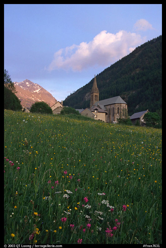 Meadow, Villar d'Arene village, ridge, sunset. France