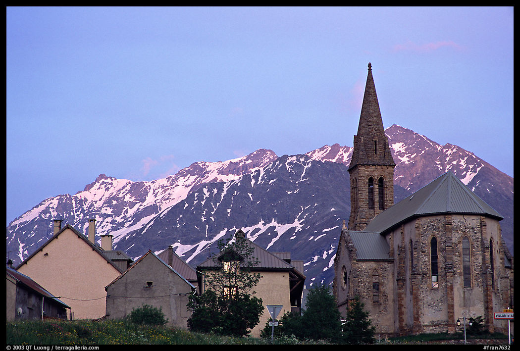 Houses and church,  Villar d'Arene, sunset. France