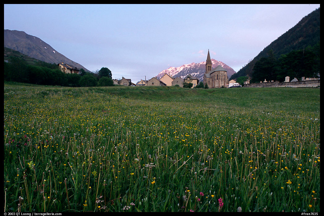 Meadow, Villar d'Arene village,  sunset. France