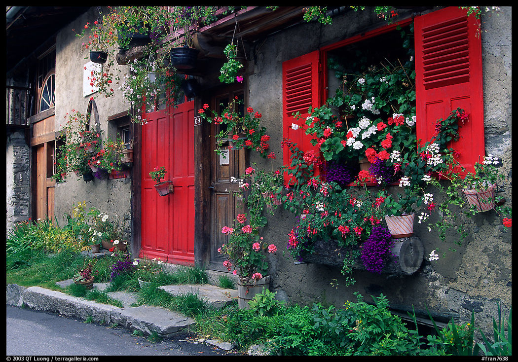 Flowered houses in village of Le Tour, Chamonix Valley. France