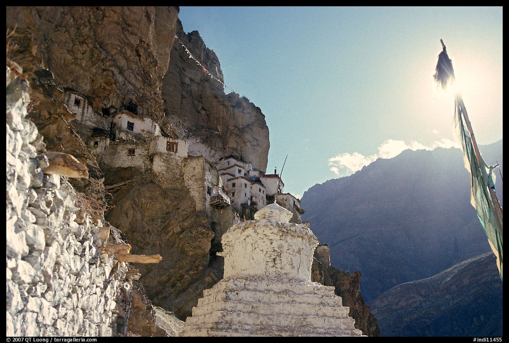 Chorten, prayer flag, and Phuktal Gompa, Zanskar, Jammu and Kashmir. India