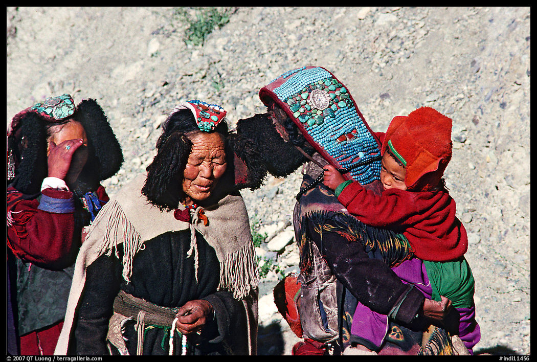 Elderly women with turquoise-covered head adornments, Zanskar, Jammu and Kashmir. India