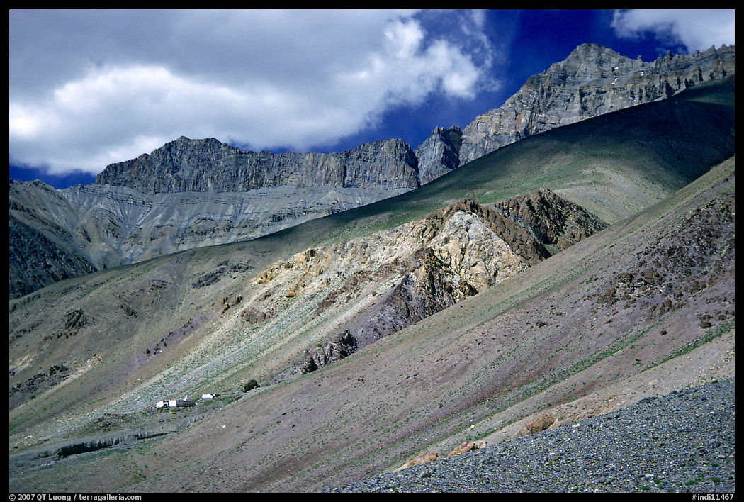 Houses lost in mineral landscape, Zanskar, Jammu and Kashmir. India