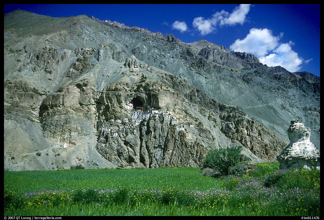Cultivated fields, chorten, and Phuktal monastery, Zanskar, Jammu and Kashmir. India