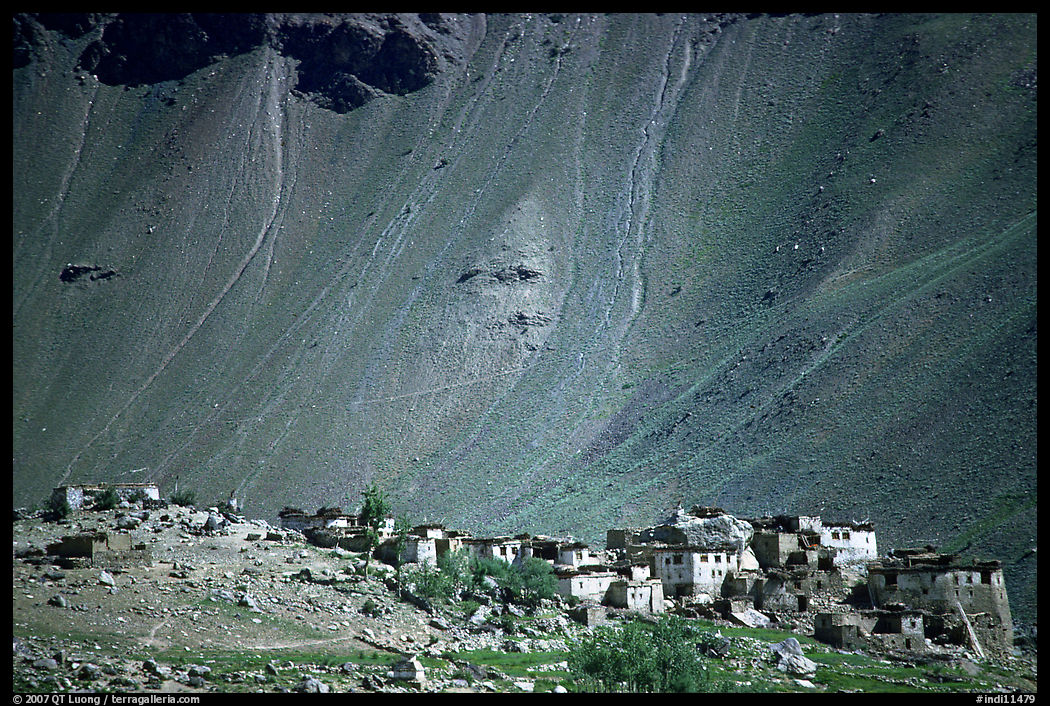Village and scree slope, Zanskar, Jammu and Kashmir. India