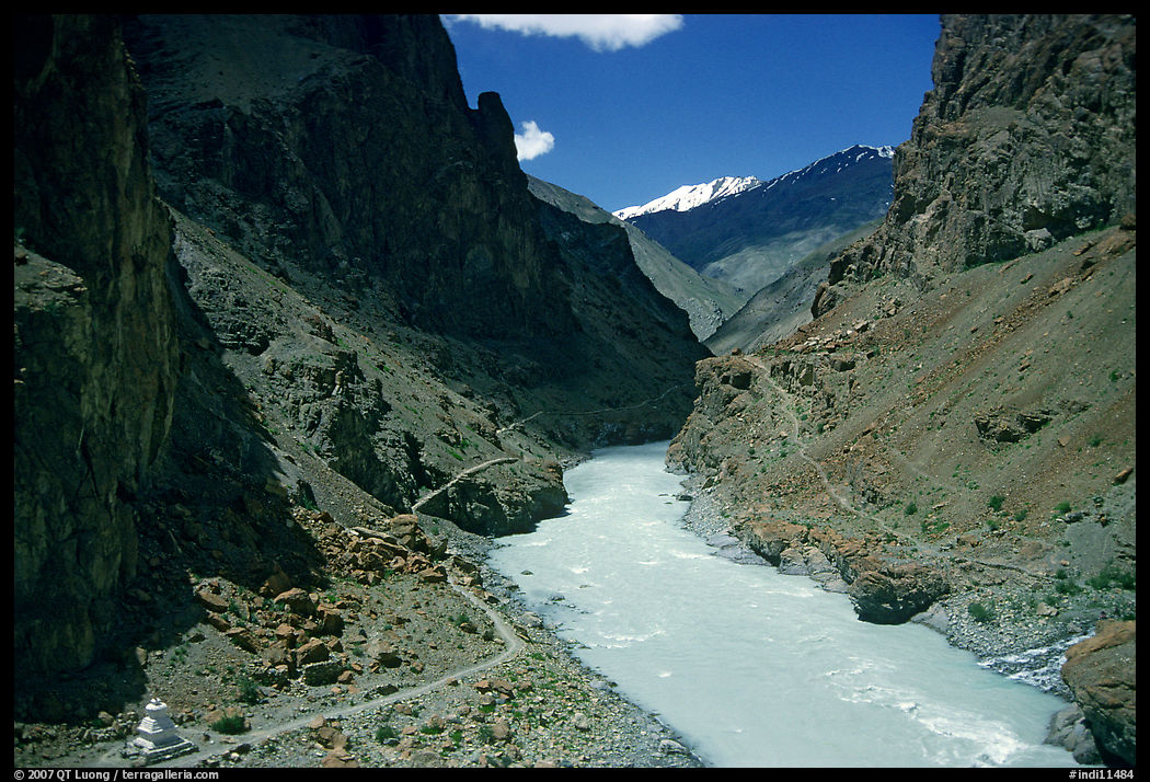 Chorten, trail,  and river valley, Zanskar, Jammu and Kashmir. India