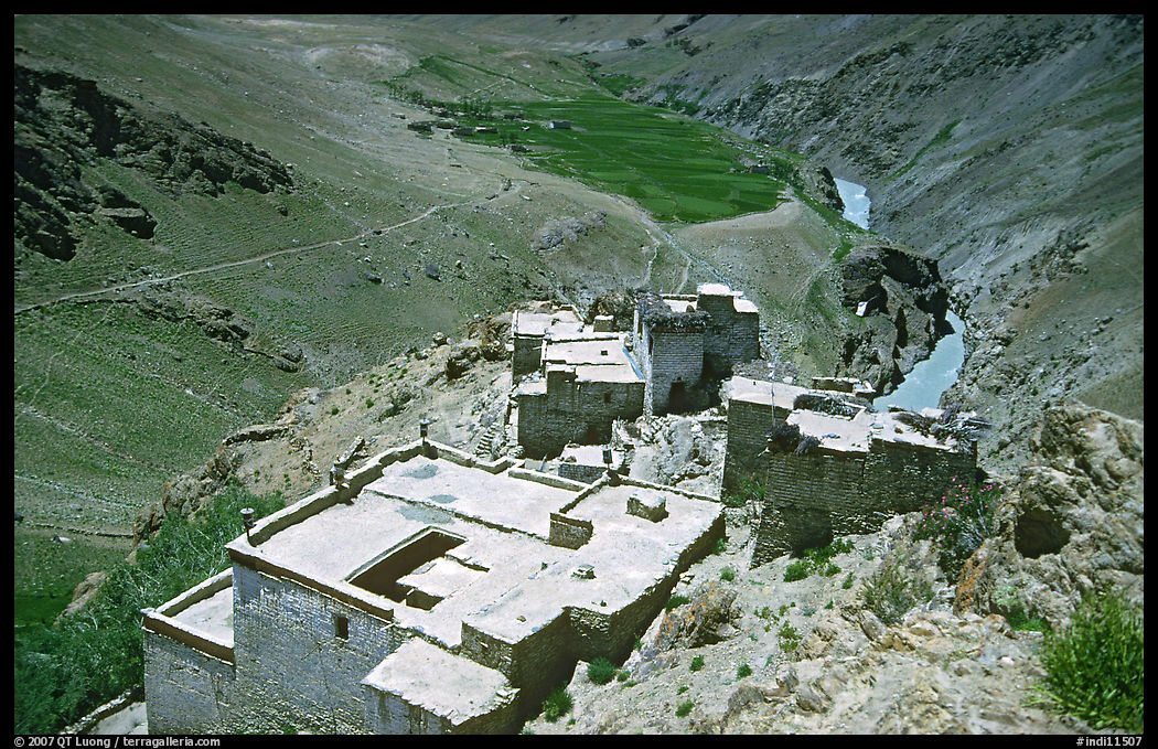Terraced roofs of village above river valley, Zanskar, Jammu and Kashmir. India