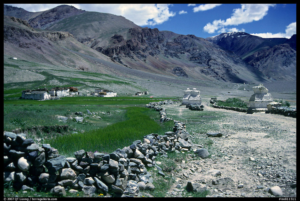 Stone fence, chortens, cultivations, and village, Zanskar, Jammu and Kashmir. India