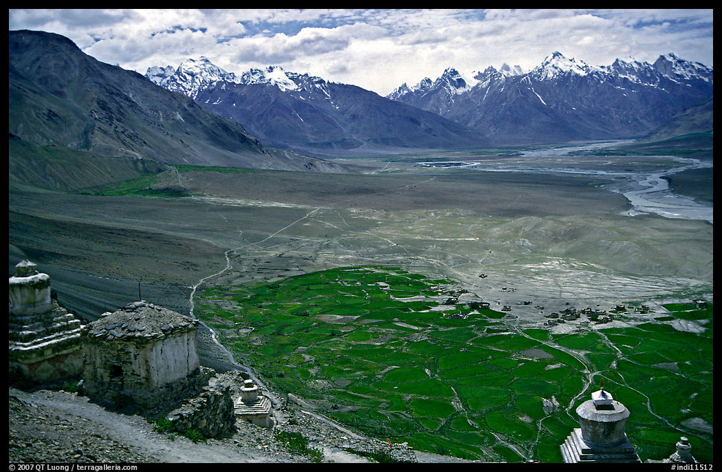 Chortens overlooking cultivations in the Padum plain, Zanskar, Jammu and Kashmir. India
