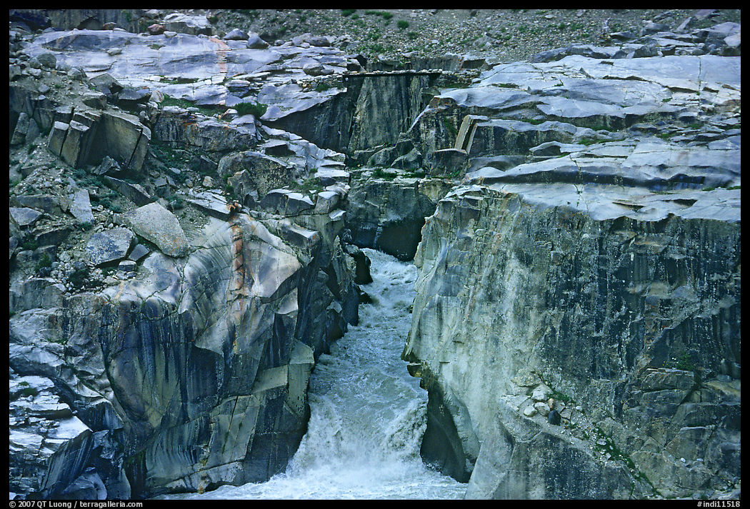 Gorge and precarious bridge, Zanskar, Jammu and Kashmir. India