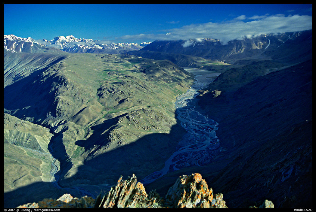 Braided river and mountain range seen from high pass, Himachal Pradesh. India