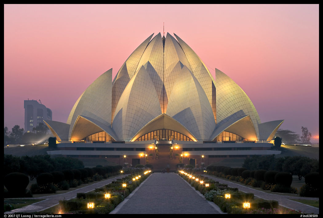 Lotus-shaped Bahai temple at twilight. New Delhi, India