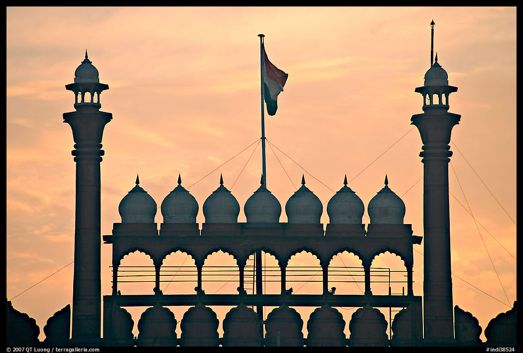 Turrets above Lahore Gate, Red fort, sunrise. New Delhi, India