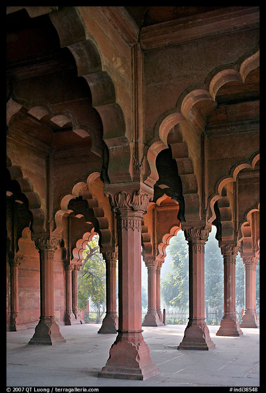 Red sandstone arches in Diwan-i-Am, Red Fort. New Delhi, India