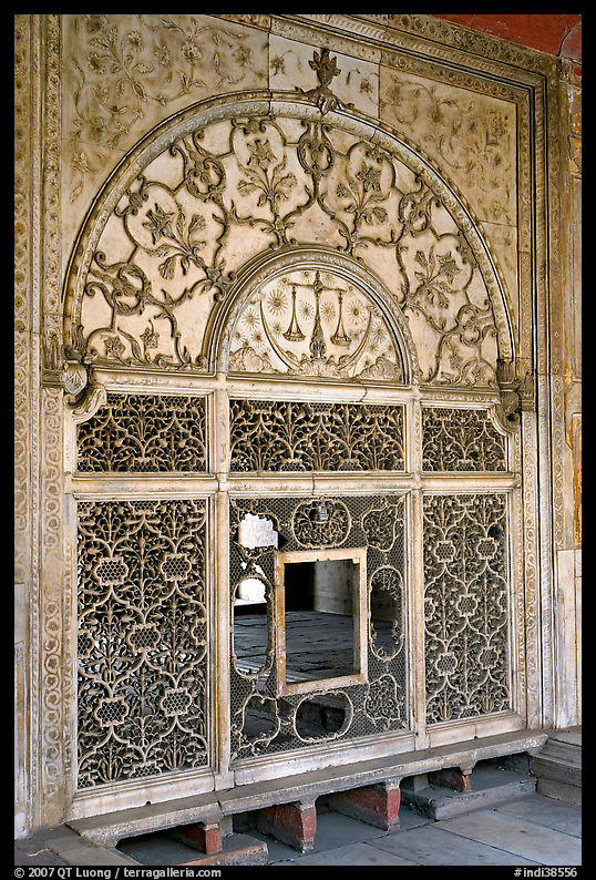 Marble door carved from a single slab with justice symbols, Diwan-i-Khas, Red Fort. New Delhi, India