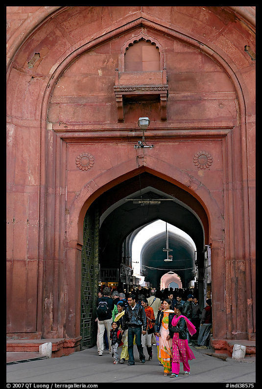 People walking out of the Covered Bazar, Red Fort. New Delhi, India