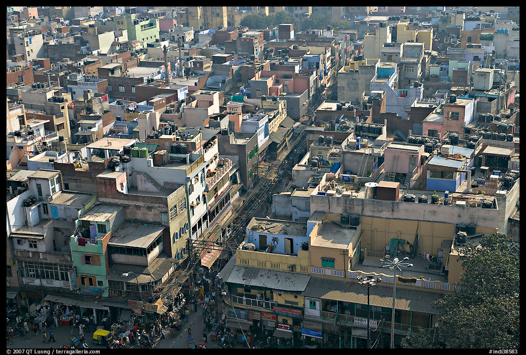View of Old Delhi streets and houses from above. New Delhi, India