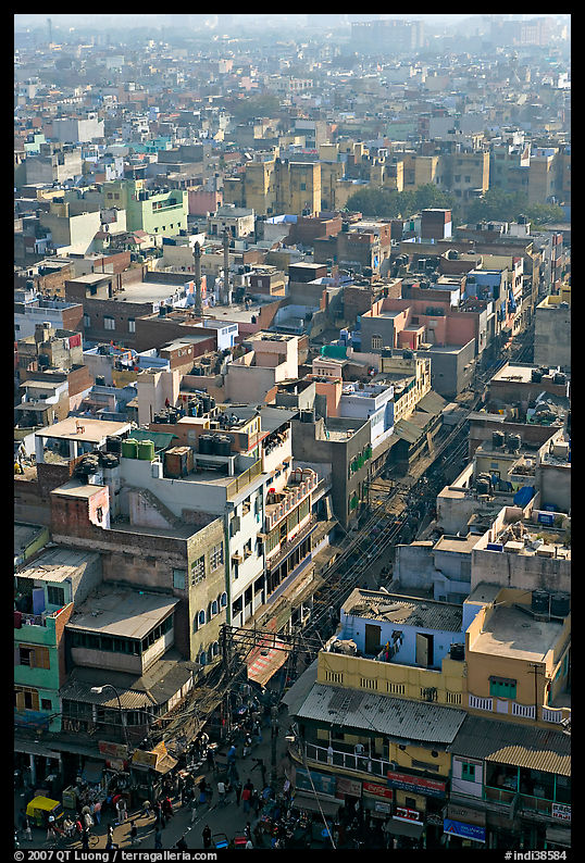 View of a Old Delhi street from above. New Delhi, India