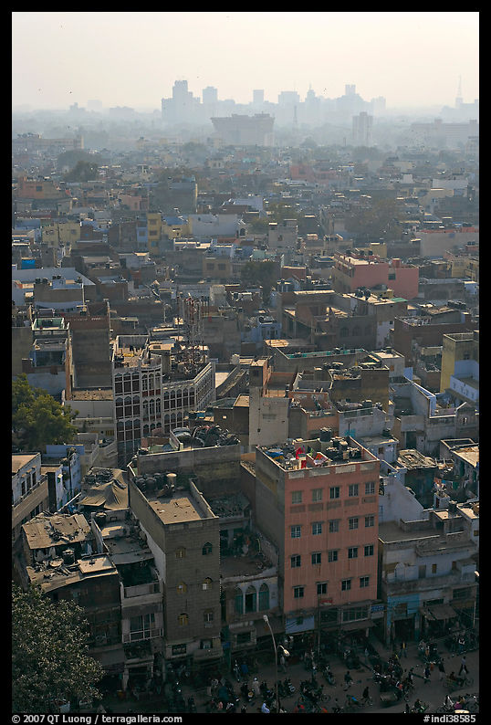 View of Old Delhi from above with high rise skyline in back. New Delhi, India