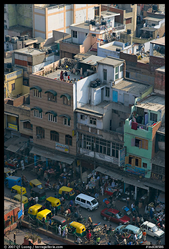 Street traffic and buildings from above, Old Delhi. New Delhi, India