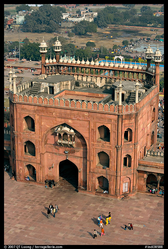 East Gate and courtyard from above, Jama Masjid. New Delhi, India