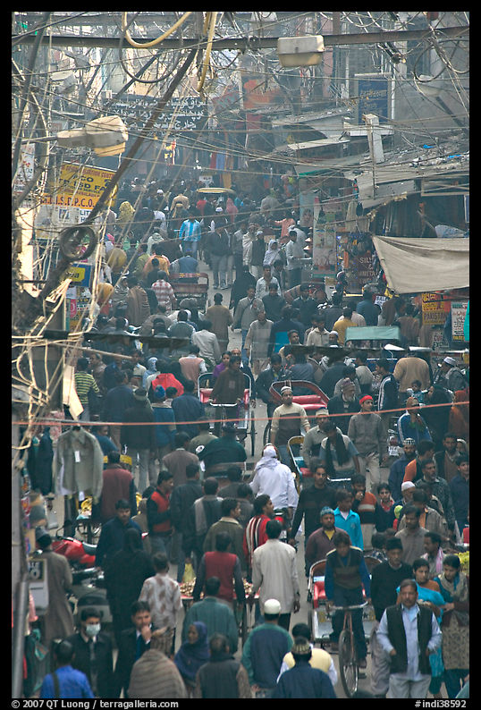 Crowds in Old Delhi street from above. New Delhi, India