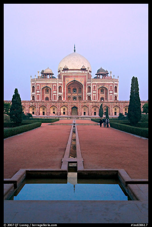 Humayun's tomb and watercourses at dusk. New Delhi, India