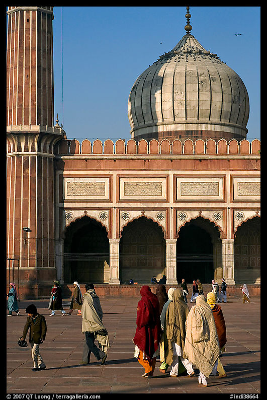 Group of people, courtyard, prayer hall, and dome, Jama Masjid. New Delhi, India