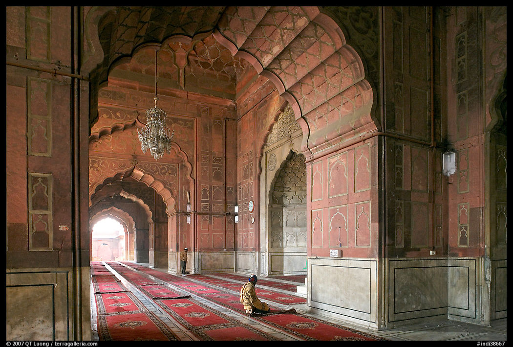 Men in prayer, prayer hall, Jama Masjid. New Delhi, India