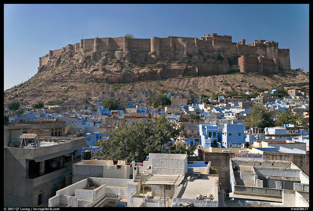 Mehrangarh Fort and city rooftops, afternoon. Jodhpur, Rajasthan, India
