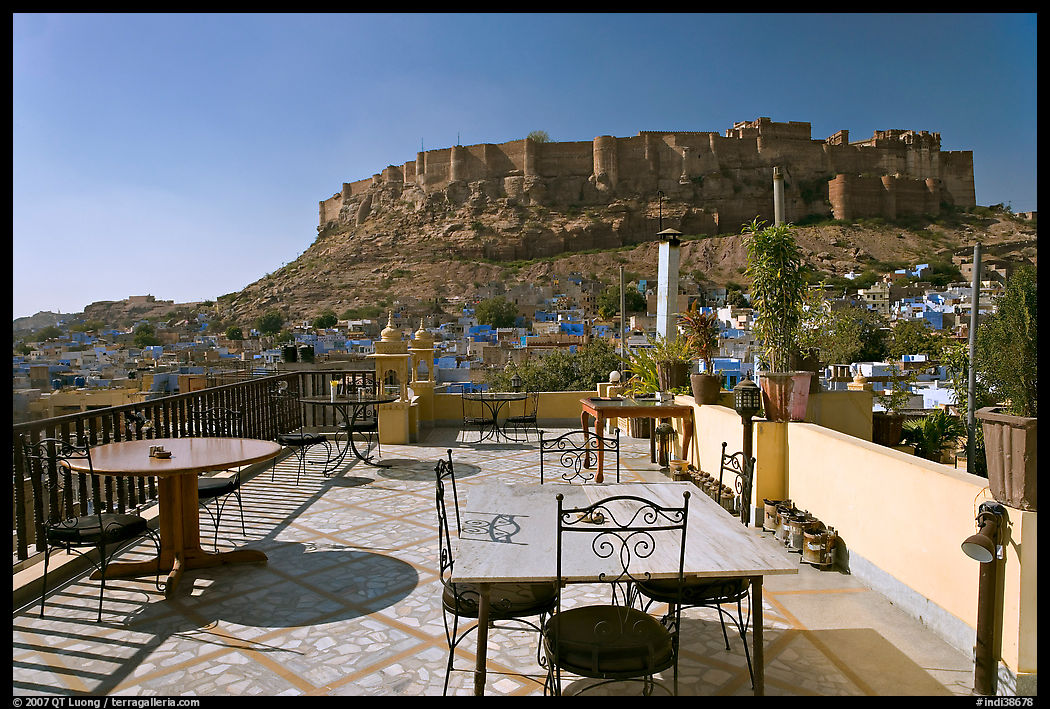 Rooftop restaurant with view on Mehrangarh Fort. Jodhpur, Rajasthan, India